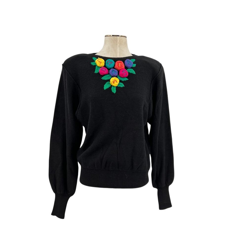 Bonnie Boerer Vintage Sweater Puff‎ Sleeve Flower Applique Knit Size Medium